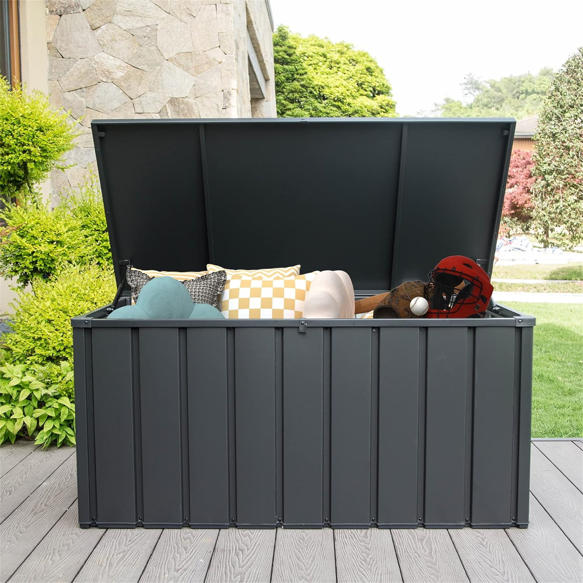 Dark Gray 150 Gallon Lockable Metal Deck Box with Wheels