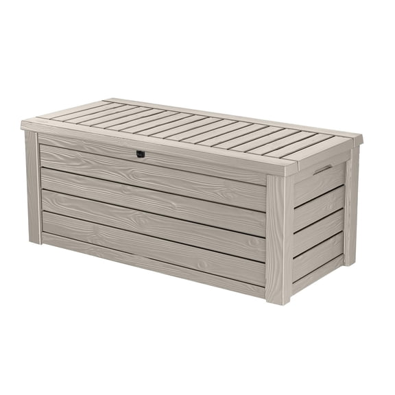 150 Gallon Resin Outdoor Storage Box Taupe Weather Resistant Deck Storage Bench Multipurpose Patio Container for Cushions Pool Floats Garden Tools with Lockable Space