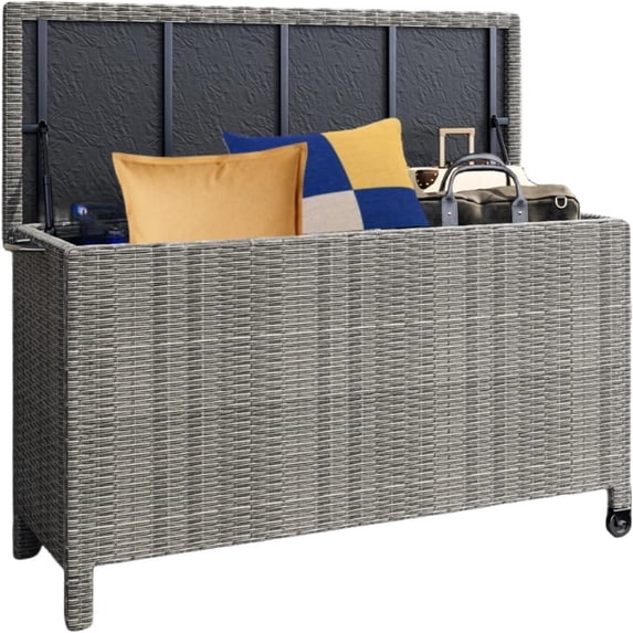 150 Gallon Waterproof Large Rattan Deck Box, Outdoor Patio Storage Box for Backyard Furniture Cushions Garden Tools