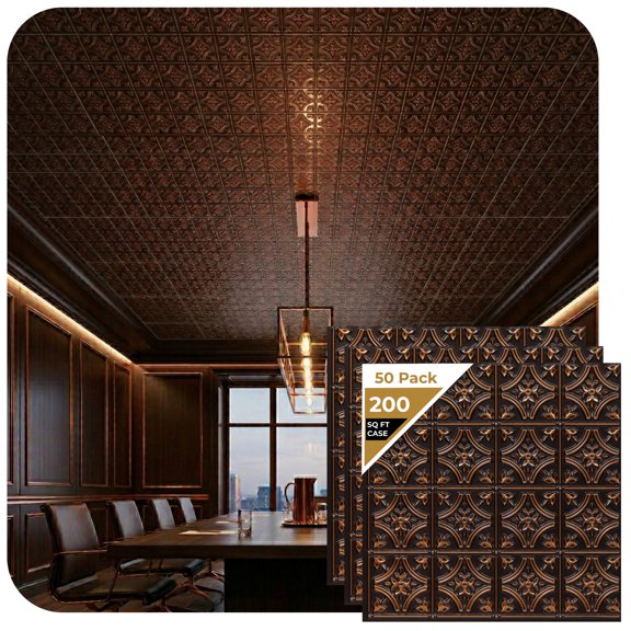 150 - Gothic Reims 2 ft. x 2 ft. PVC Glue-up Ceiling Tile in Antique Copper (200 sq.ft / Pack) - 50 Pieces