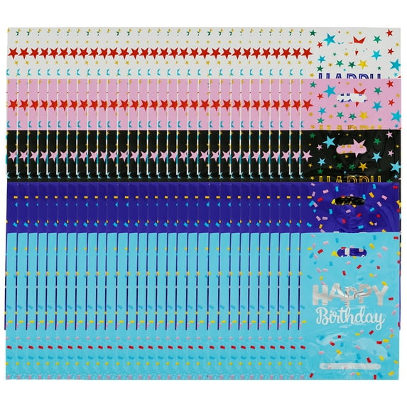 150 Happy Birthday Party Favor Bags Plastic Gift Bags with Glitter Stars for Children Babies Girls and Boys Birthdays