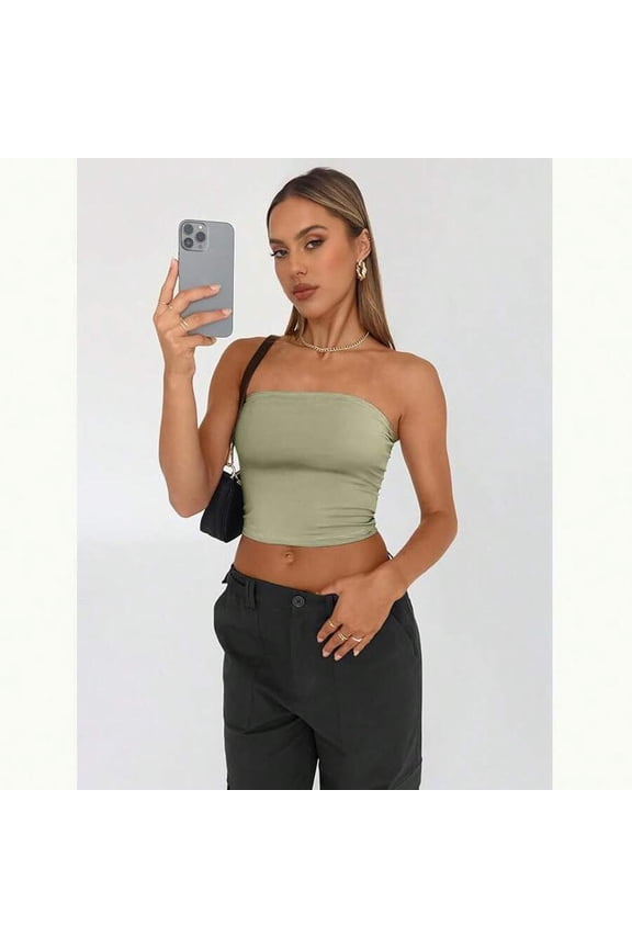 150 Matcha Green Strapless Tube Crop Top – Fitted Sleeveless Camisole With Smooth Bandless Neckline For Layering Or Solo Wear
