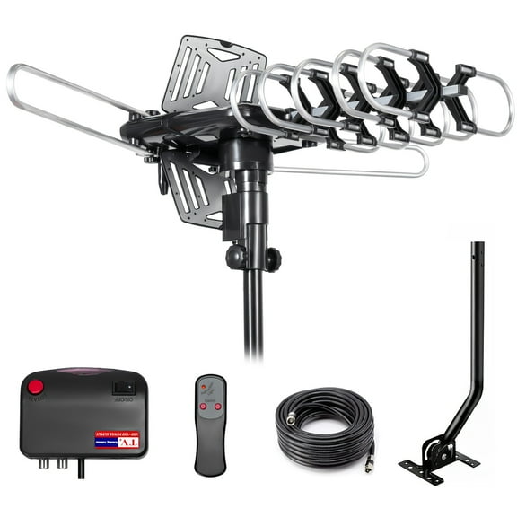 150-Mile Motorized Outdoor TV Antenna, 360 Rotation, Remote, 33ft Cable, 2-TVs Support, with Mounting Pole