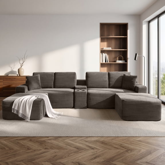 Vanress 150" Modular Sectional Sofa Couch for Living Room, Corduroy Boneless Sofas, Oversized Modern Cloud Couch, U Shape Couches Deep Seat with USB Ports and Cup Holders, Camel