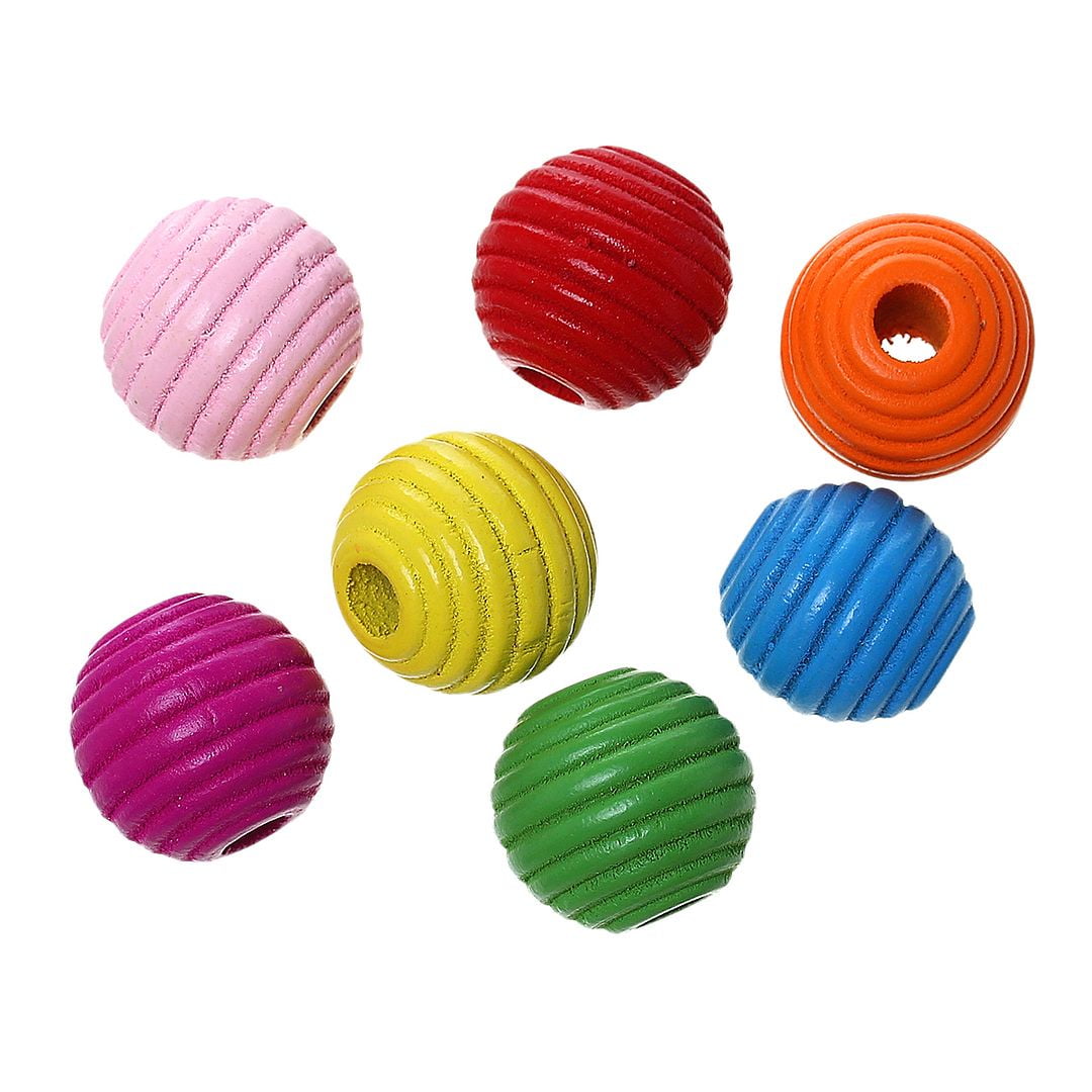 150 Multicolor Ribbed Round Maple Wood Beads with 3.5mm Hole