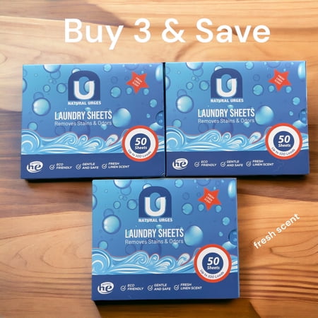 150 Natural Urges Laundry Detergent Sheets, 50 Laundry Sheets (Light Linen Scent) Per Package, 3 Pack