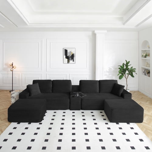 150" Oversized L-Shape Sectional Sofa with Deep Seat, Cup Holders & USB Ports, Corduroy Cloud Couch with Hidden Storage, Black