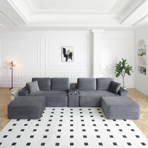150" Oversized L-Shape Sectional Sofa with Deep Seat, Cup Holders & USB Ports, Corduroy Cloud Couch with Hidden Storage, Grey