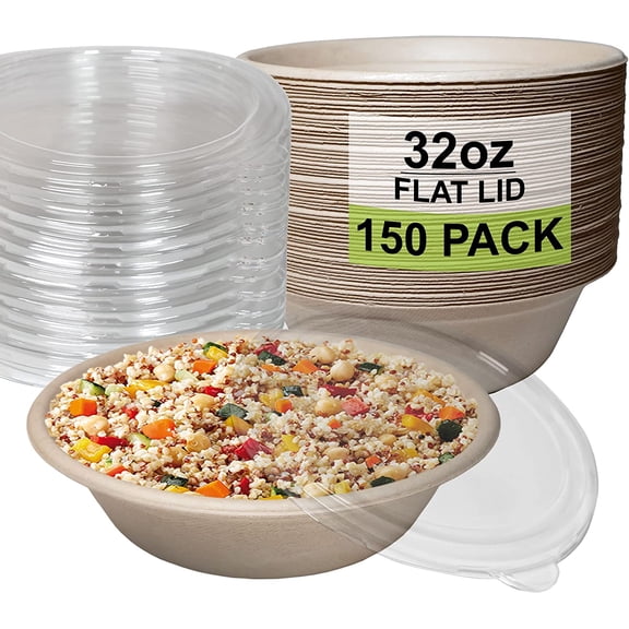 [150 PACK] 32oz Round Disposable Deep Bowls with Lids - Natural Sugarcane Bagasse, Bamboo Fibers, Sturdy Compostable, Eco Friendly, Environmental, Paper Plastic Bowl Alternative,Tree Free