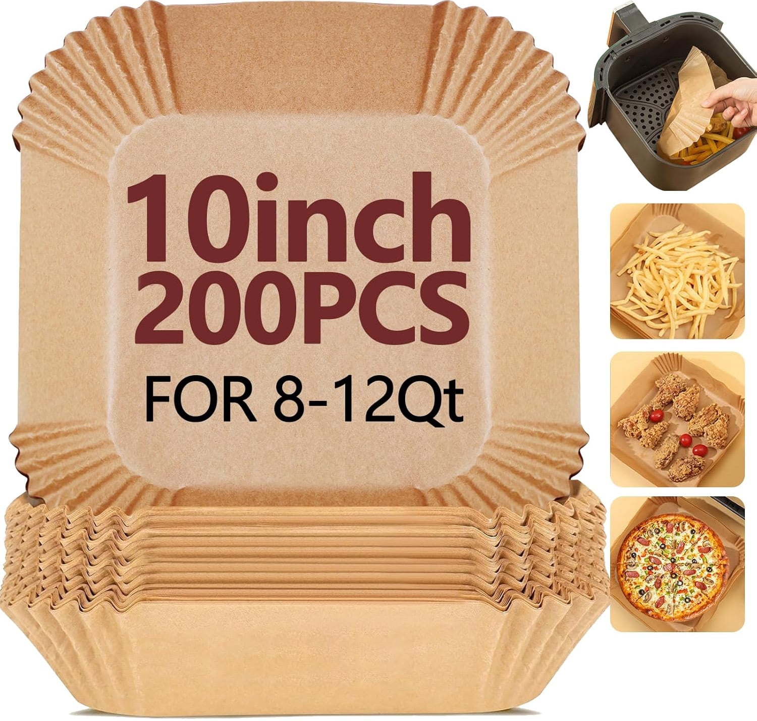 200 PCS 10 Inch Square Disposable Thickened  Air Fryer Parchment Liners, Unbleached, Heat Resistant & Non-Stick, Suitable for Air Fryer, Oven, Microwave, Baking and Roasting - 9 Inch Bottom