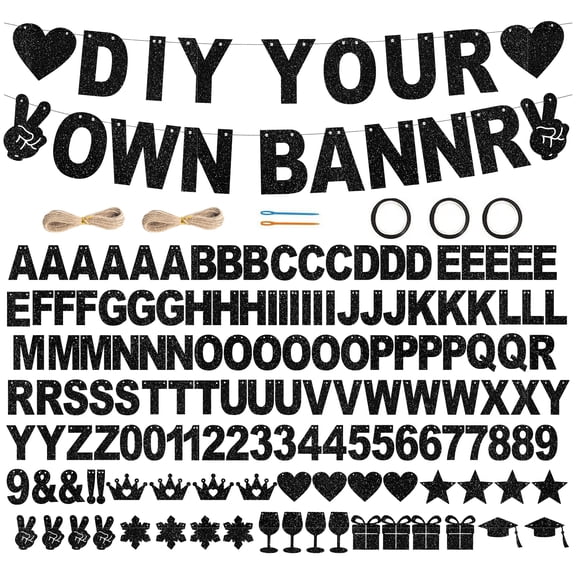 148 PCS A-Z DIY Letter Banner Kit Make Your Own Banner Including 111 Letters and Numbers 5 Rope and 2 Threading Device,Customized for Birthday Graduation Wedding Decor Glitter Black