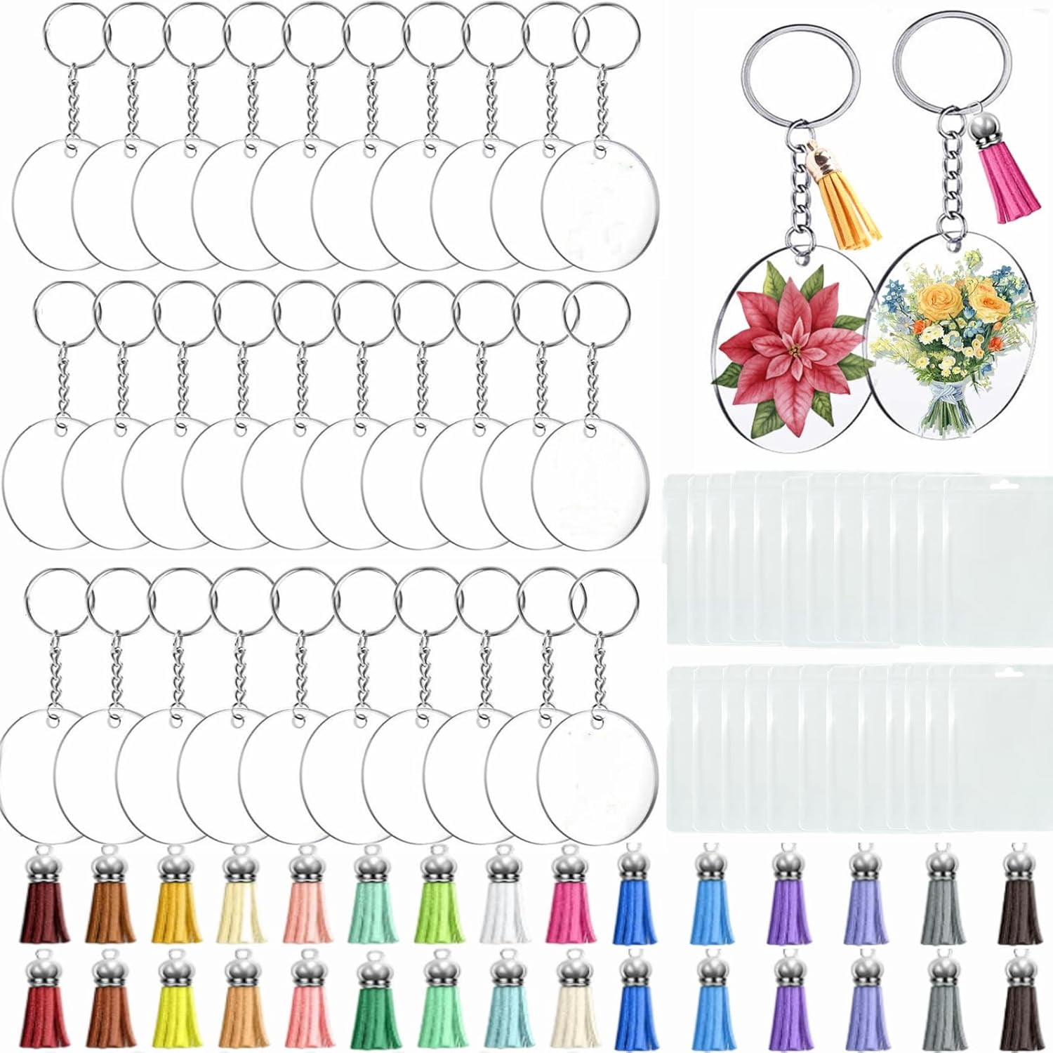150 PCS Acrylic Keychain Blanks, 2 Inch Acrylic Blank Keychains for Vinyl Key with Keychain Rings, Keychain Tassels, Jump Rings, Packing Bag for DIY Key Chain Set Crafting