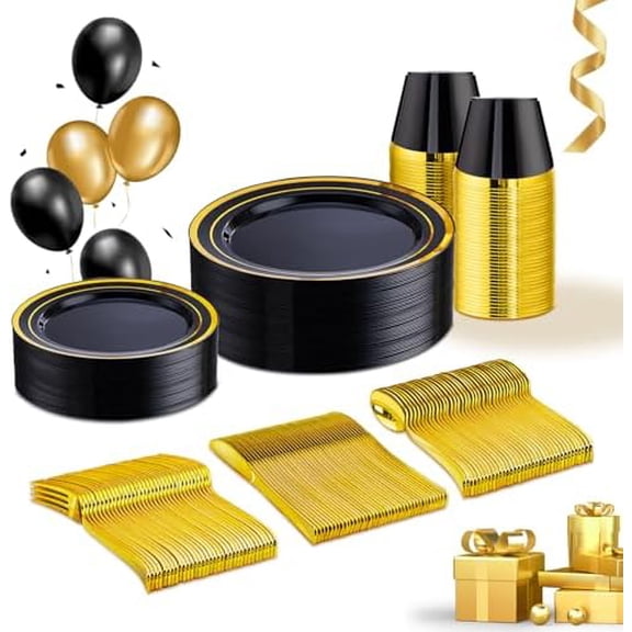 150 PCS Black and Gold Disposable Dinnerware Set, Plastic Plates for Party, Including 25 Dinner Salad Plates, Cups, Forks Knives Spoons for New Year Party Supplies