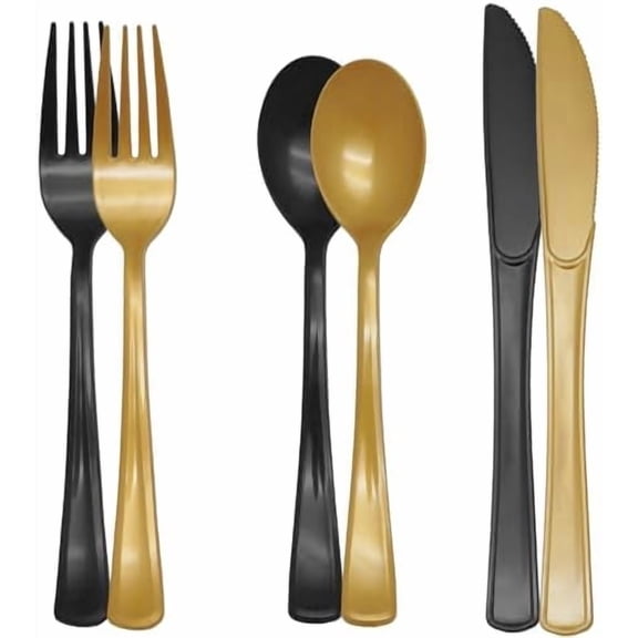 150 PCS Black and Gold Plastic Silverware Heavy Duty Black and Gold Plastic Cutlery Tableware Sets Includes Spoons Forks Knives for Birthday, 2026 Graduation Party Decoration