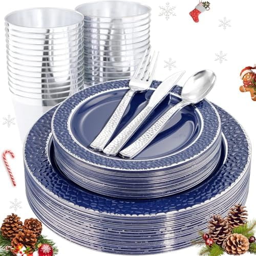 150 PCS Blue and Silver Plastic Plates - Blue Disposable Plate include 50 Plates, 25 Knives, 25 Forks, 25 Spoons, 25 Cups for Weddings & Party & Christmas