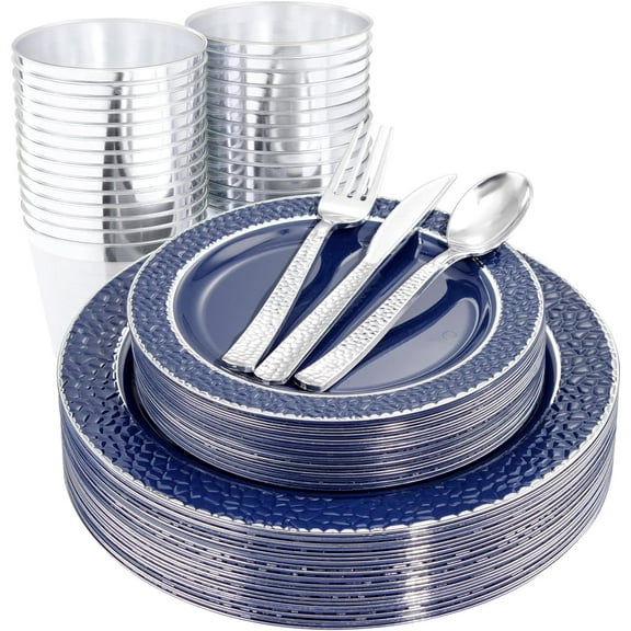 150 PCS Blue and Silver Plastic Plates - Blue Disposable Plate include 50 Plates, 25 Knives, 25 Forks, 25 Spoons, 25 Cups for Weddings & Party & Graduation