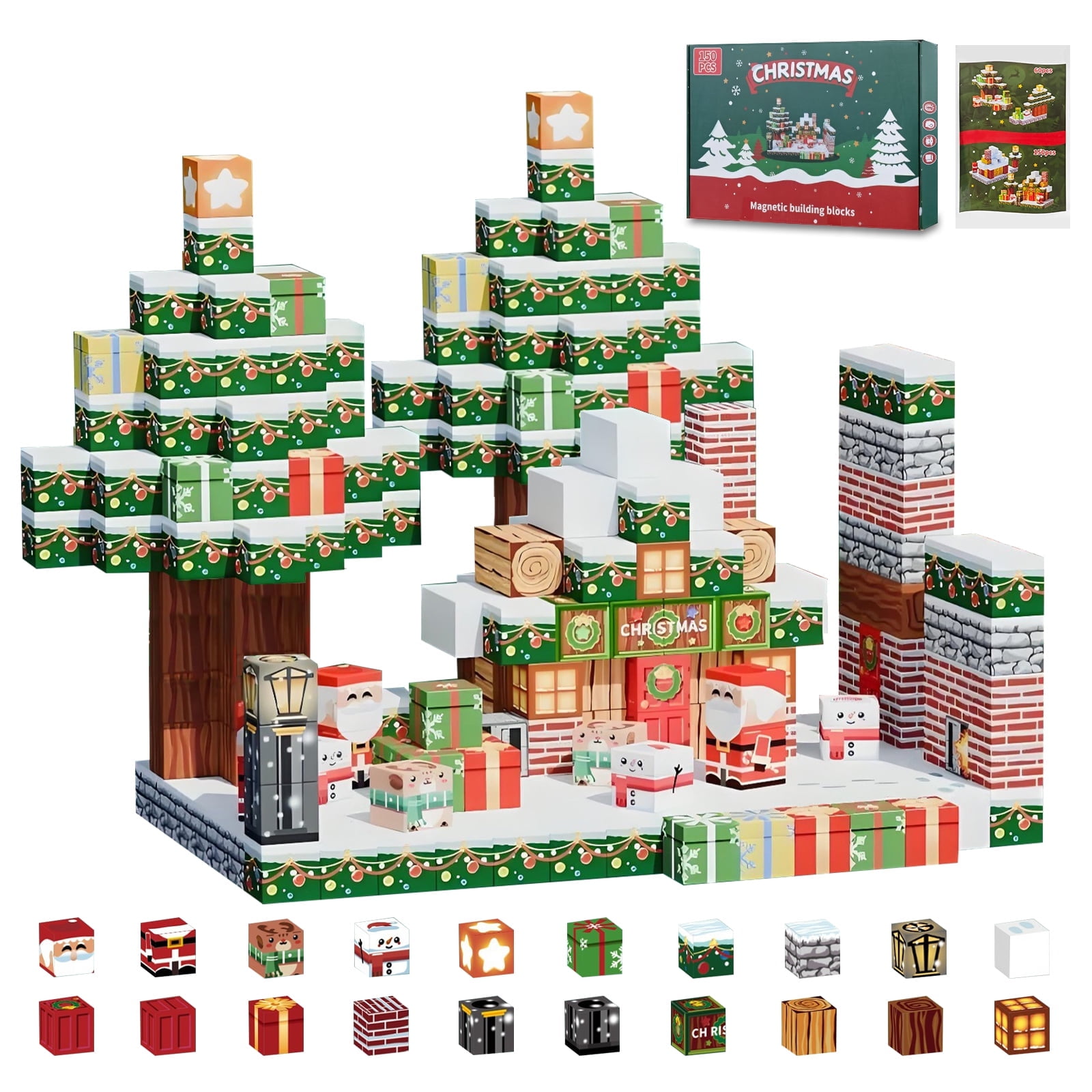 Christmas Magnetic Building Blocks Set 150 PCS, Green STEM Toys for Kids Ages 3-14, Holiday-Themed Building Cubes for Boys & Girls, Festive Santa/Snowman/Christmas Tree Blocks