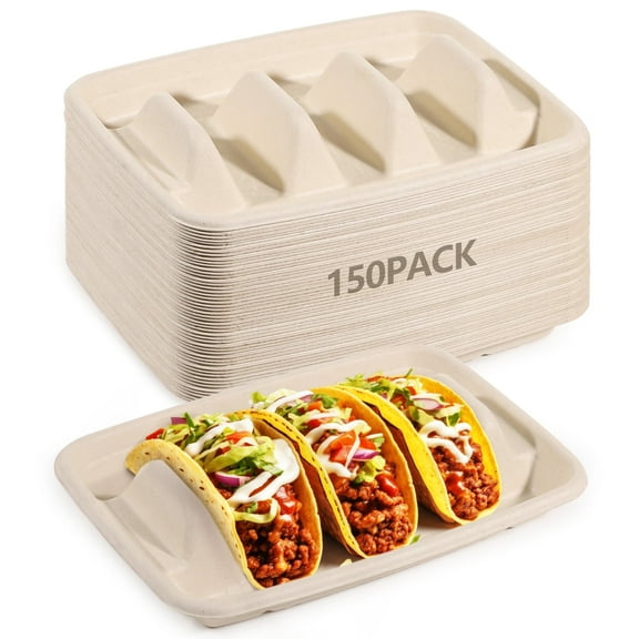 150 Pcs Compostable Taco Holders, 3-Slot Bagasse Plates | Eco-Friendly Disposable Taco Stands for Party, Catering, Hot Dog & Sandwich
