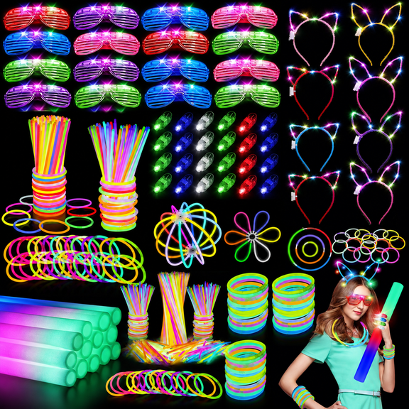 Happy Greetings Glow in the Dark Party Favors Set, 210 Count with Foam Sticks, LED Glasses, Glow Sticks, Headband, Rings