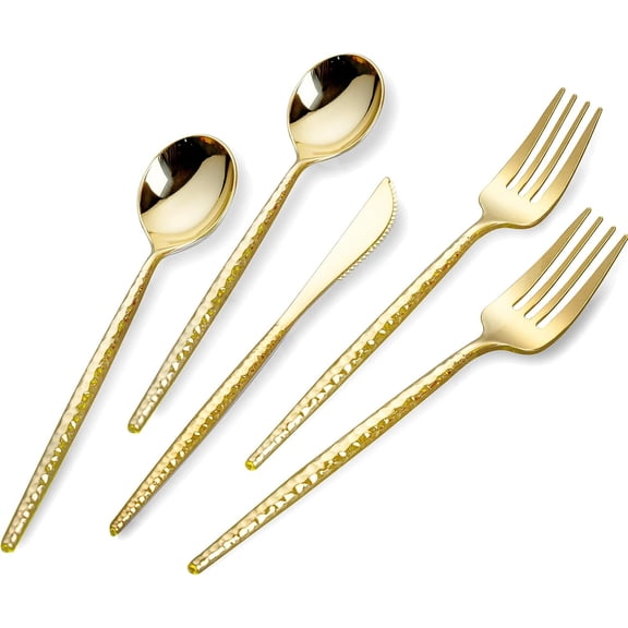 150 PCS Gold Plastic Silverware, Gold Disponsable Utensils, Plastic Silverware Heavy Duty, Includes 50 Knives, Forks and Spoons, Hammered Disponsable Cutlery for Wedding, Birthday, Party