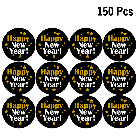 150 PCS Happy New Year Stickers Seals Gold Labels 1.96" Large Round Gold Foil Stickers Stamping on Black for New Year Cards Gift Envelopes Boxes