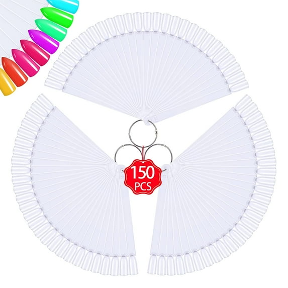 150 PCS Nail Swatch Sticks with Ring - Fan Shape Nail Art Polish Display Tips Fake Nails Practice Color Pointed Transparent Gel Nail Polish Board for Nail Salon DIY at Home