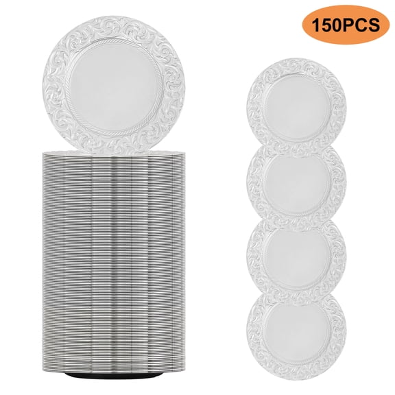 150 PCS PP Silver Plates, European Retro Plates Set, Round Reusable Plates, Sunken Base