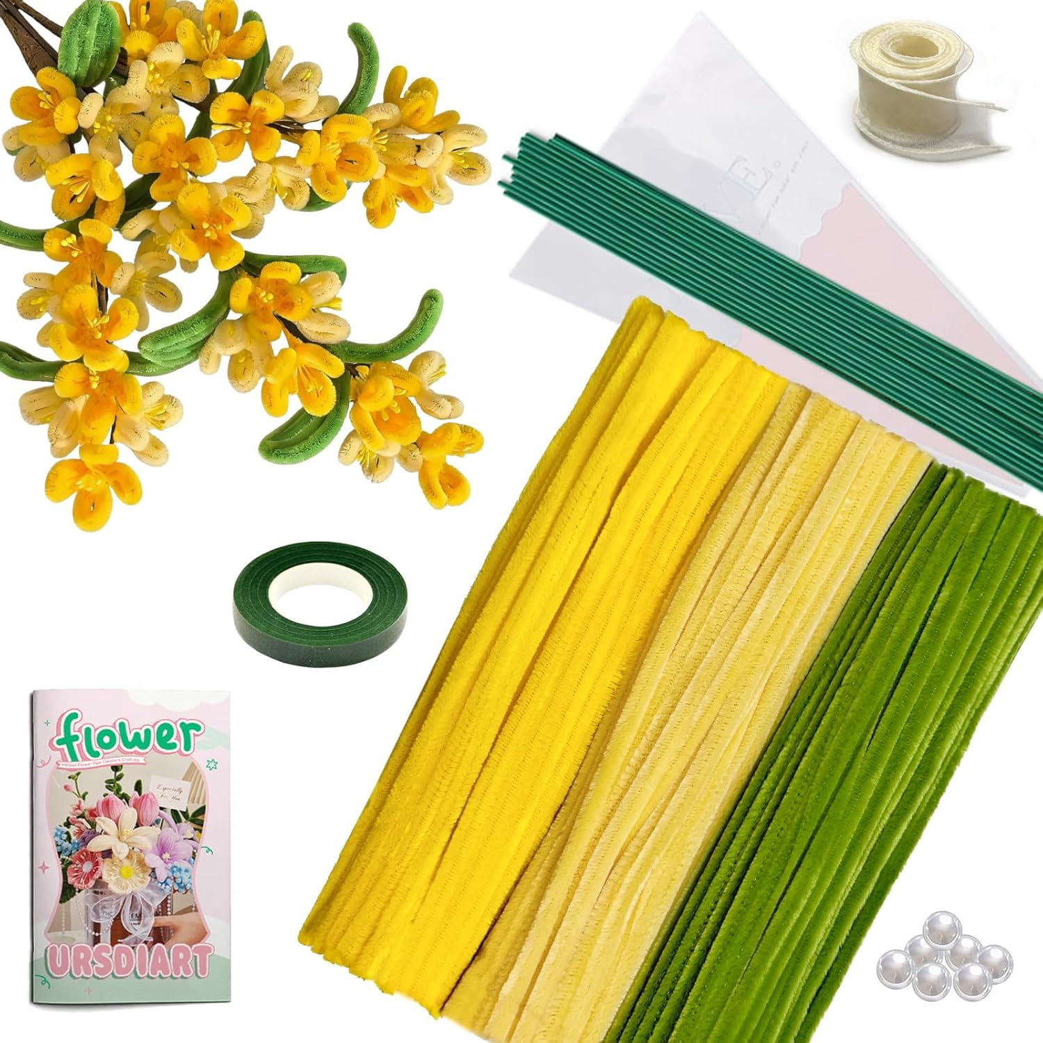 150 PCS Pipe Cleaners for Craft Flowers,3 Colors Chenille Stems Bouquet Kit with Floral Wire,Tape,Ribbon,Wrapping,Bouquet Brochure for DIY Bouquets & Gifts and Arts (Yellow)