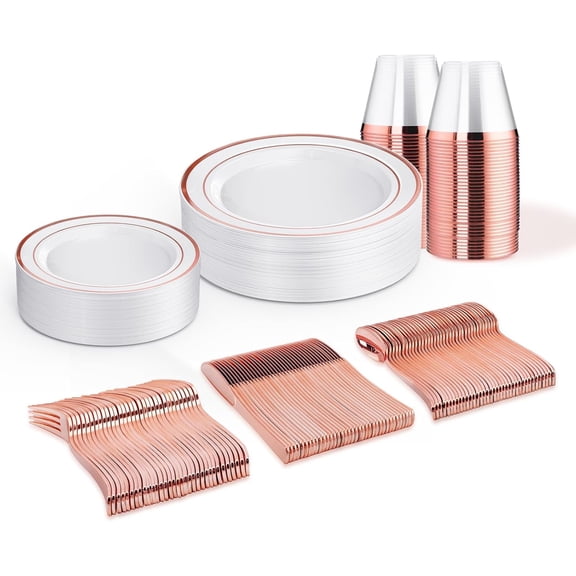 150 PCS Rose Gold Disposable Dinnerware Set for 25 Guests, Valentine's Day Plate, 25 Dinner & Salad Plates, Cups, Forks Knives Spoons for Wedding Reception and Mothers Day Plates