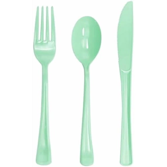 150 PCS Sage Green Plastic Silverware Heavy Duty Mint Green Utensil Sets Include 50 Disposable Plastic Forks, 50 Knives, 50 Spoons for Birthday, Baby Shower, Picnic, Spring Party, Wedding