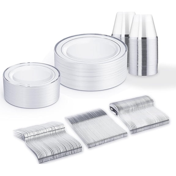 150 PCS Silver Disposable Dinnerware Set for 25 Guests, Silver Plastic Plates for Party, Including 25 Dinner Plates, 25 Salad Plates, 25 Cups, 25 Forks Knives Spoons for Wedding and Party Supplies