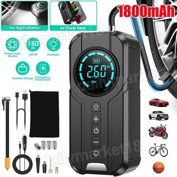 150 PSI Air Compressor Tire Inflator Fits Car Moto Bike Tires Air Pump Cordless