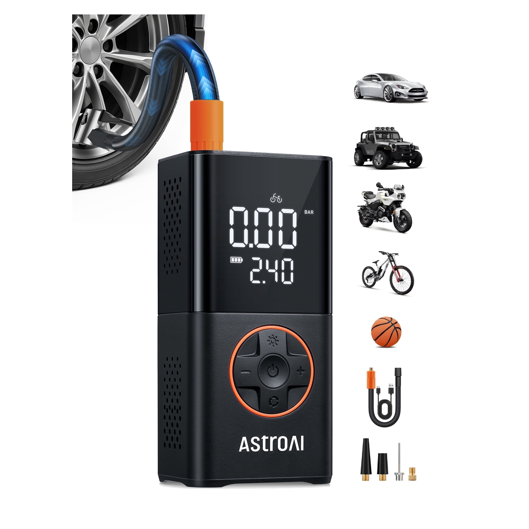 AstroAI Tire Inflator, Portable Cordless Air Compressor 150 PSI Digital Pressure Gauge Bike Pump with Digital Dual Values Display, Car Tires Pump with LED Lights Air Pump for Cars