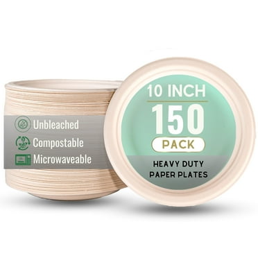 [150 Pack - 10 Inch] Paper Plates 100% Compostable Disposable Microwavable Sugarcane Unbleached