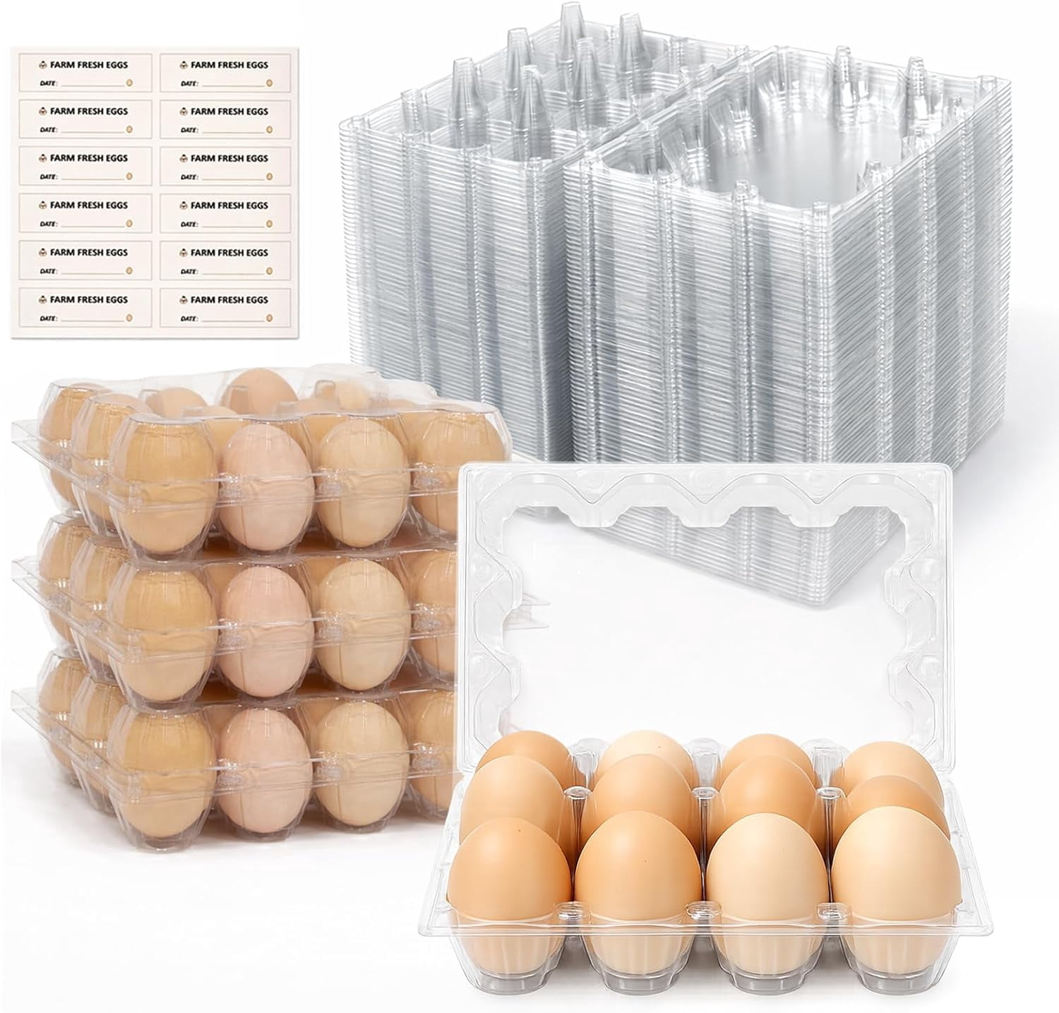 150 Pack 12 Count Clear Plastic Egg Cartons with Date Tracking Stickers ...