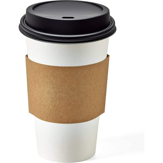 150 Pack - 20 oz Disposable White Paper Coffee Cups with Black Dome Lids and Protective Corrugated Cup Sleeves - Perfect Disposable Travel Mug for Home, Office, Coffee Shop, Travel, Tea