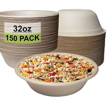 [150 Pack] 32 oz Round Disposable Compostable Paper Bowls Heavy-Duty, Eco-Friendly Natural Bagasse Unbleached, Heat Resistant, 100% Biodegradable Salad Bowls Alternative to Plastic