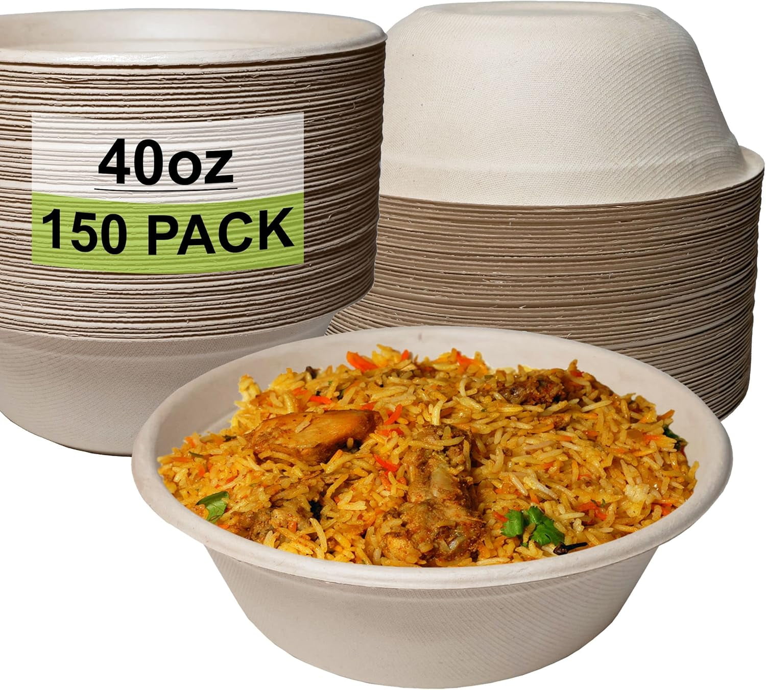 [150 Pack] 40 oz Round Disposable Compostable Paper Bowls Heavy-Duty, Eco-Friendly Natural Bagasse Unbleached, Heat Resistant, 100% Biodegradable Salad Bowls Alternative to Plastic