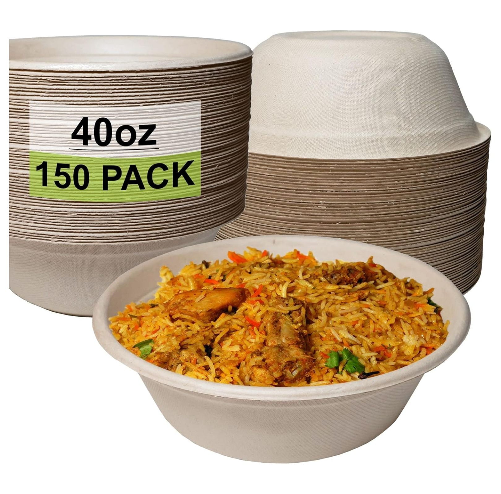 [150 Pack] 40 oz Round Disposable Compostable Paper Bowls Heavy-Duty, Eco-Friendly Natural Bagasse Unbleached, Heat Resistant, 100% Biodegradable Salad Bowls Alternative to Plastic