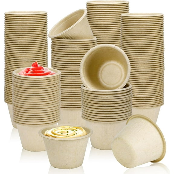 150 Pack 4oz Natural Bagasse Fiber Sauce Cups, Compostable Small Disposable Paper Dipping Bowls Biodegradable Condiment Portion Sample Snack Charcuterie Serving Tasting Cups