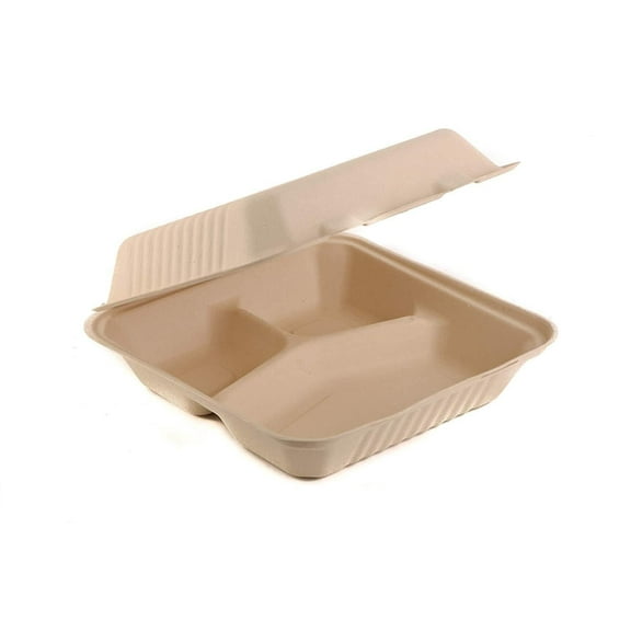 [150 Pack] 9 Inch 3-Compartment Compostable Hinged Take Out Food Container - Sugarcane Bagasse, Tree Free - Restaurant Supplies, Microwavable, Bidodegradable, Recyclable, Heavy Duty (Rectangle - Clam)