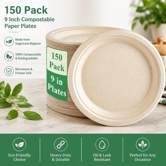 150 Pack 9 Inch Compostable Paper Plates Heavy Duty Disposable Biodegradable Sugarcane Eco Friendly Tableware Party Supplies