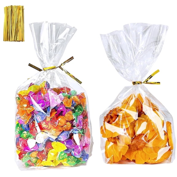 150 pack Clear Cellophane Treat Bags 6"x9" with 150 Ties ,Bottom Gusset for Stand-Up Display,Gift Wrap for Cookies, Candy, Party Favors