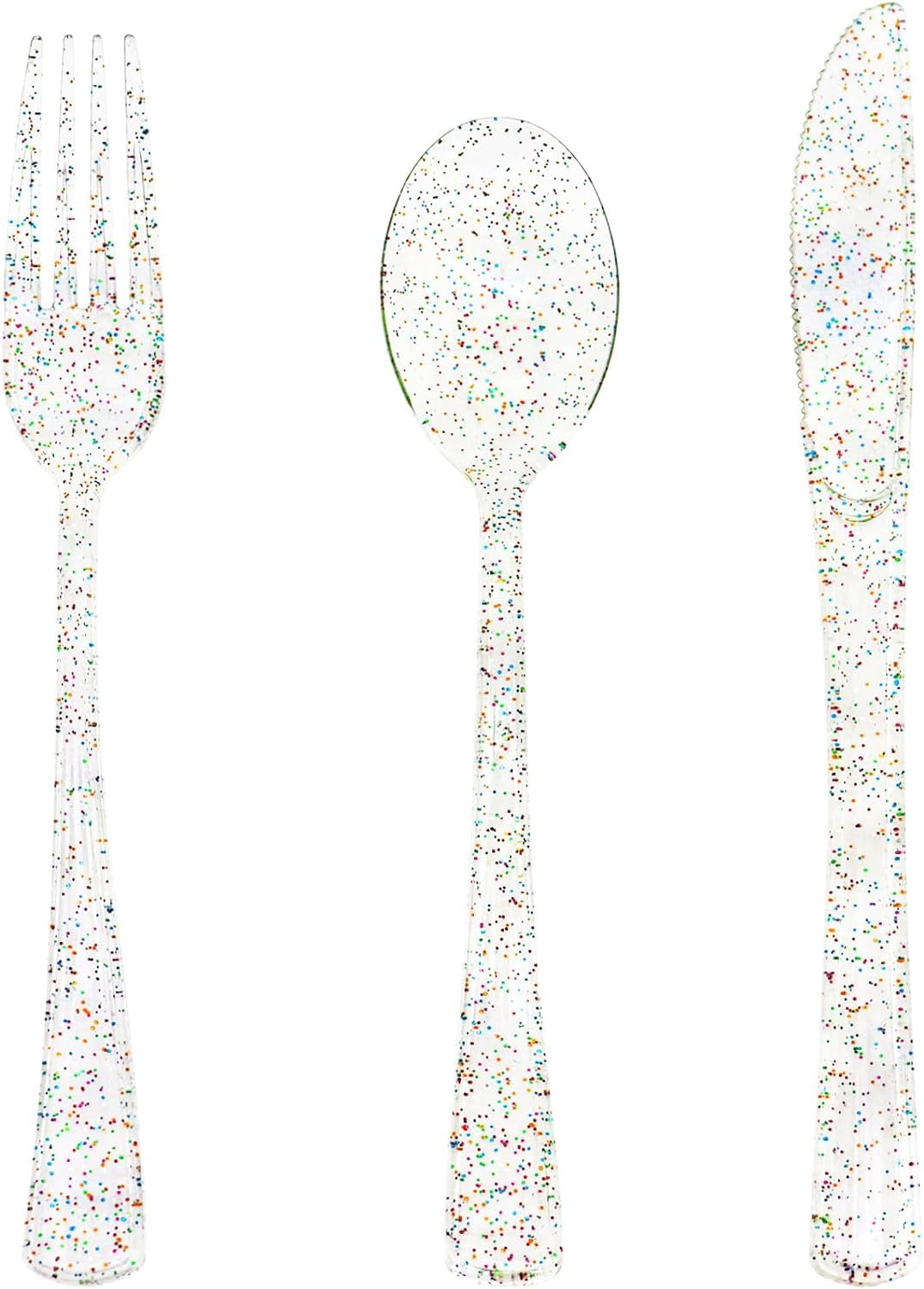 150 Pack Clear Plastic Silverware - Disposable Cutlery with Colorful Design, Includes 50 Forks, 50 Knives, 50 Spoons for Birthday, Wedding, Baby Shower