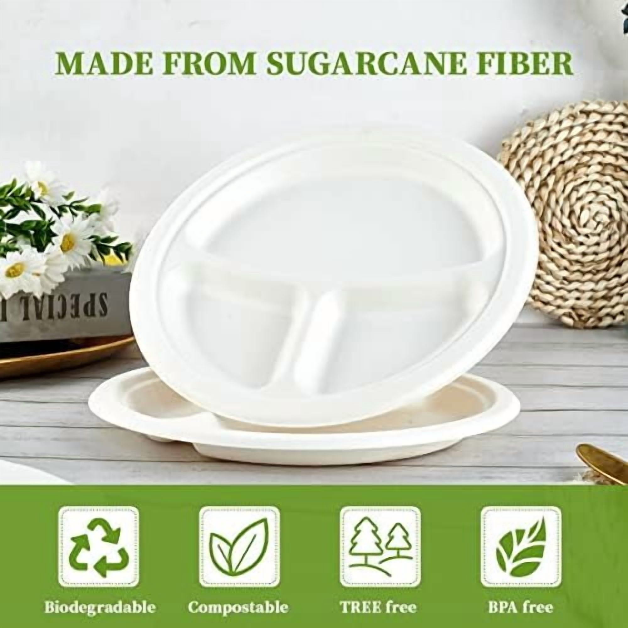 150 Pack Compostable 3 Compartment Plates, Heavy-Duty Disposable ...
