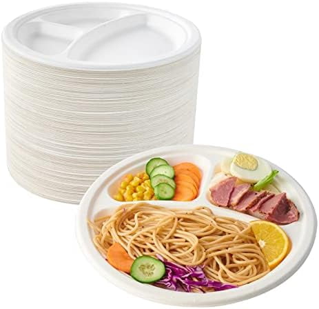 150 Pack Compostable 3 Compartment Plates, Heavy-Duty Disposable Biodegradable Paper Plates, 8.85 inch Eco-Friendly Sugarcane Bagasse Divided Plates for Dinner