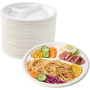 150 Pack Compostable 3 Compartment Plates, Heavy-Duty Disposable Biodegradable Paper Plates, 8.85 inch Eco-Friendly Sugarcane Bagasse Divided Plates for Dinner