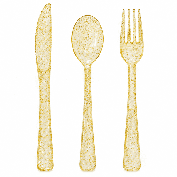 150 Pack Gold Plastic Silverware, Glitter Plastic Silverware Heavy Duty -50 Gold Glitter Forks, 50 Knives, 50 Spoons for Birthday, Bridal Shower, Family Gathering