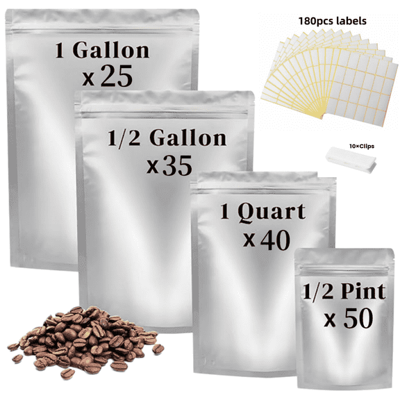 150 Pack Mylar Bags with Clips & Labels, 4-Size Reusable Zipper Pouches for Household Organization