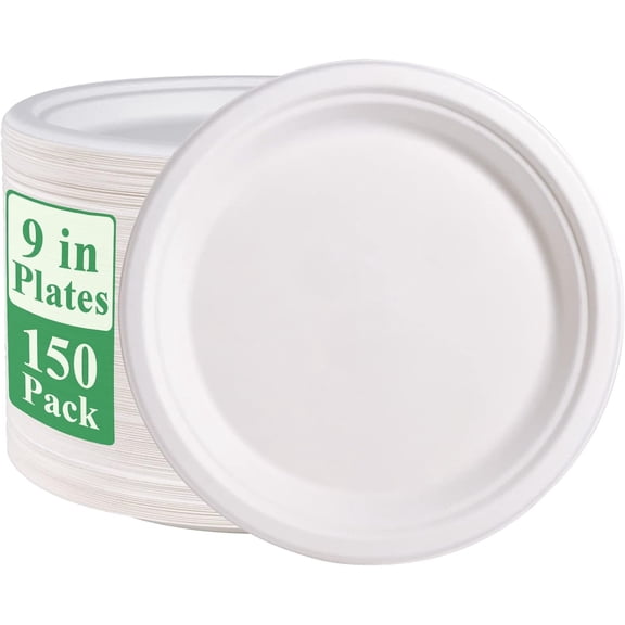 Vplus 150 Pack Paper Plates 9 inch 100% Compostable, Heavy-Duty Disposable Paper Plates Bagasse Natural Biodegradable Eco-Friendly SugarcaneWhite